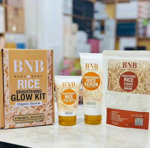 BNB Brightening Rice Glow Kit (3 in 1) BNB Whitening Rice Organic Glow Kit | Bright & Glow Kit with Box Mask Face Wash And Scrub By Al Wahid Collections